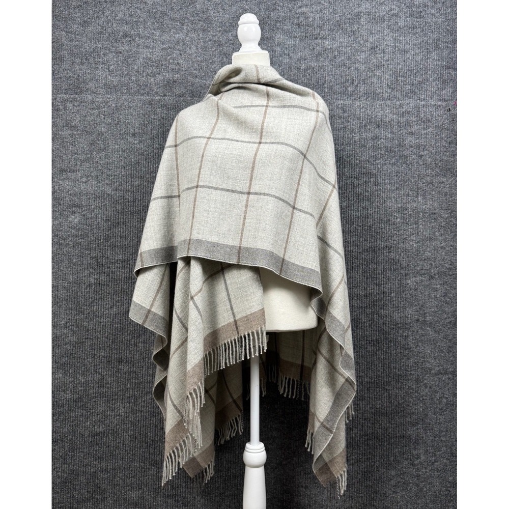 Eileen Fisher Baby Alpaca Poncho Womens OS Windowpane Plaid Fringe Wrap Cape